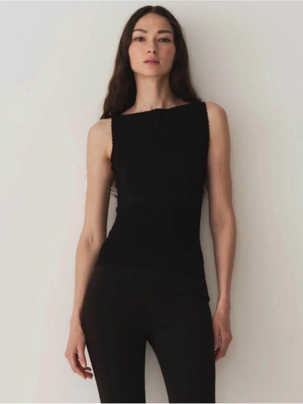 Doen Nerida Pointelle Knit Bateau Boatneck Sleeveless Top Black Size XS